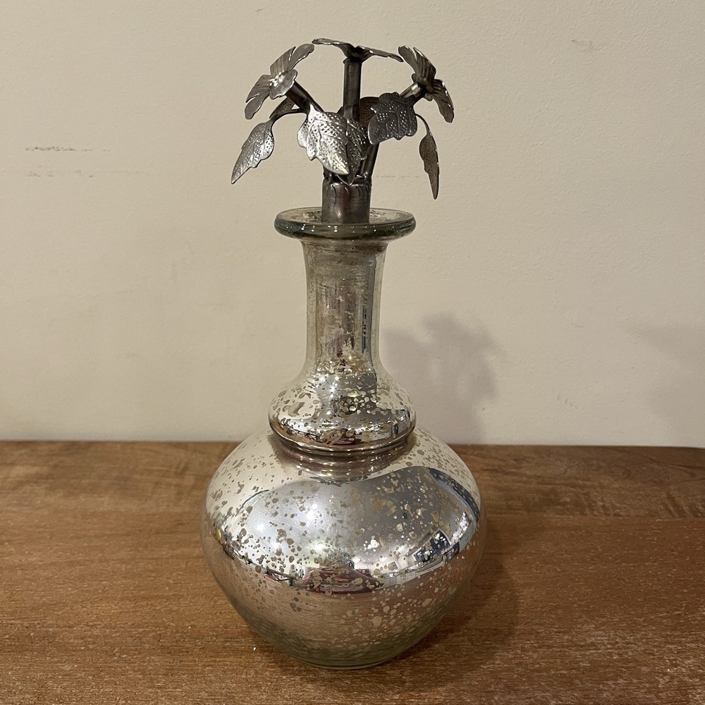 Decorative Mercury Glass Style Speckled Bottle Metal Floral Stopper Silver India